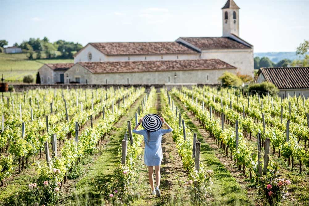 Une femme marche dans les allées d'un vignoble du bordelais
